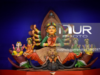 An idol of Goddess Durga is seen at a temporary place of worship or Pandal in Habra, India, on October 6, 2024, during the Durga Puja festiv...