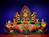 An idol of Goddess Durga is seen at a temporary place of worship or Pandal in Habra, India, on October 6, 2024, during the Durga Puja festiv...