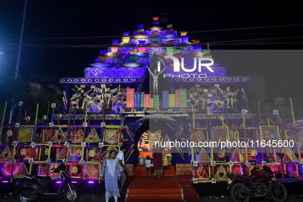 A temporary place of worship or Pandal is seen in Habra city, 50 kilometers from Kolkata, during the Durga Puja festival in Kolkata, India,...