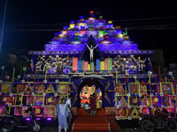 A temporary place of worship or Pandal is seen in Habra city, 50 kilometers from Kolkata, during the Durga Puja festival in Kolkata, India,...