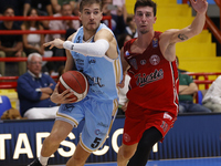 Giovanni De Nicolao of Napoli and Michele Ruzzier of Trieste are in action during the Italy Basket Serie A match between Napoli Basket and P...