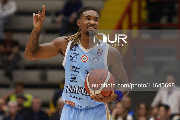 Charles Manning Jr of Napoli plays during the Italy Basket Serie A match between Napoli Basket and Pallacanestro Trieste at Fruit Village Ar...