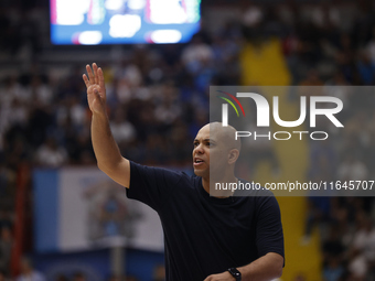 Trieste's coach Jamion Christian is in action during the Italy Basket Serie A match between Napoli Basket and Pallacanestro Trieste at Fruit...