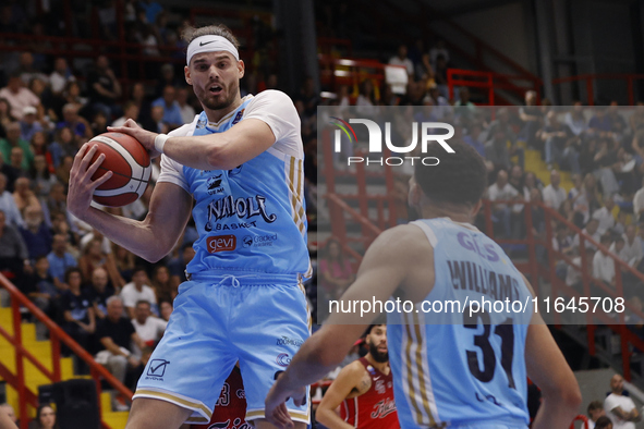 Napoli's Leonardo Tote plays during the Italy Basket Serie A match between Napoli Basket and Pallacanestro Trieste at Fruit Village Arena in...