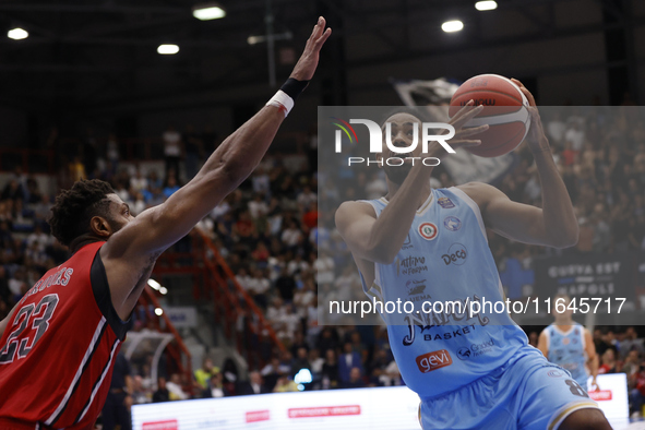 Andriu Tomas Woldetensae of Napoli plays during the Italy Basket Serie A match between Napoli Basket and Pallacanestro Trieste at Fruit Vill...