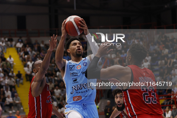 Zach Copeland of Napoli plays during the Italy Basket Serie A match between Napoli Basket and Pallacanestro Trieste at Fruit Village Arena i...