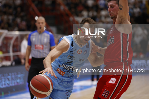 Kevin Pangos of Napoli plays during the Italy Basket Serie A match between Napoli Basket and Pallacanestro Trieste at Fruit Village Arena in...