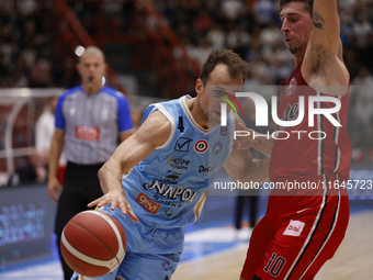 Kevin Pangos of Napoli plays during the Italy Basket Serie A match between Napoli Basket and Pallacanestro Trieste at Fruit Village Arena in...