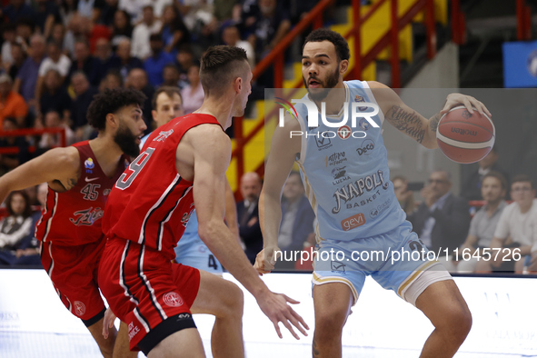 Jordan Hall of Napoli plays during the Italy Basket Serie A match between Napoli Basket and Pallacanestro Trieste at Fruit Village Arena in...