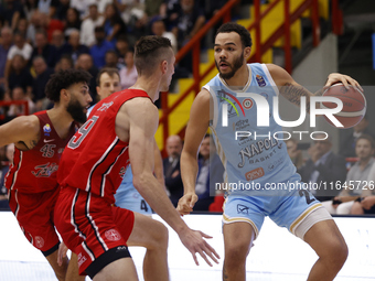 Jordan Hall of Napoli plays during the Italy Basket Serie A match between Napoli Basket and Pallacanestro Trieste at Fruit Village Arena in...