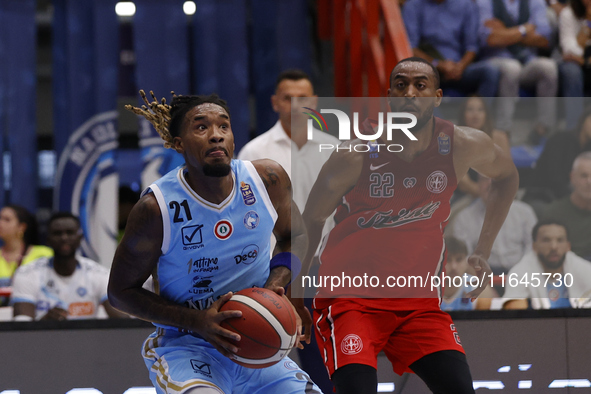 Napoli's Charles Manning Jr and Trieste's Markel Brown are in action during the Italy Basket Serie A match between Napoli Basket and Pallaca...