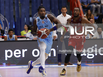 Napoli's Charles Manning Jr and Trieste's Markel Brown are in action during the Italy Basket Serie A match between Napoli Basket and Pallaca...