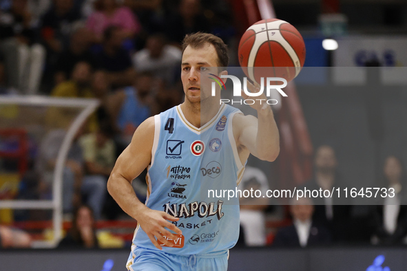 Kevin Pangos of Napoli plays during the Italy Basket Serie A match between Napoli Basket and Pallacanestro Trieste at Fruit Village Arena in...