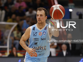 Kevin Pangos of Napoli plays during the Italy Basket Serie A match between Napoli Basket and Pallacanestro Trieste at Fruit Village Arena in...