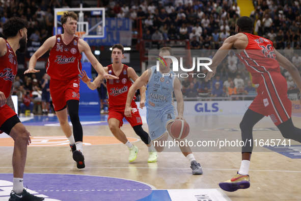 Kevin Pangos of Napoli plays during the Italy Basket Serie A match between Napoli Basket and Pallacanestro Trieste at Fruit Village Arena in...