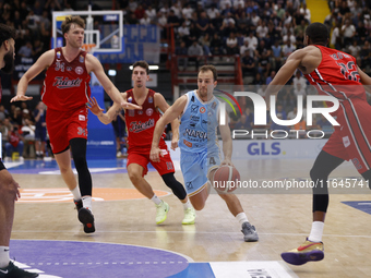 Kevin Pangos of Napoli plays during the Italy Basket Serie A match between Napoli Basket and Pallacanestro Trieste at Fruit Village Arena in...