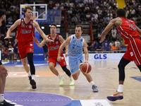 Kevin Pangos of Napoli plays during the Italy Basket Serie A match between Napoli Basket and Pallacanestro Trieste at Fruit Village Arena in...