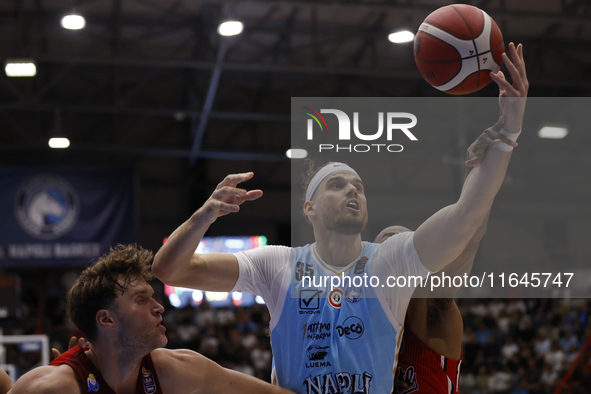 Napoli's Leonardo Tote plays during the Italy Basket Serie A match between Napoli Basket and Pallacanestro Trieste at Fruit Village Arena in...