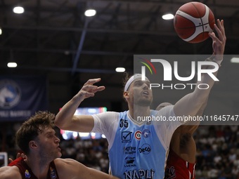 Napoli's Leonardo Tote plays during the Italy Basket Serie A match between Napoli Basket and Pallacanestro Trieste at Fruit Village Arena in...