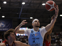 Napoli's Leonardo Tote plays during the Italy Basket Serie A match between Napoli Basket and Pallacanestro Trieste at Fruit Village Arena in...