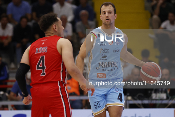 Kevin Pangos of Napoli plays during the Italy Basket Serie A match between Napoli Basket and Pallacanestro Trieste at Fruit Village Arena in...