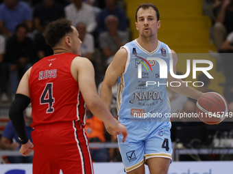 Kevin Pangos of Napoli plays during the Italy Basket Serie A match between Napoli Basket and Pallacanestro Trieste at Fruit Village Arena in...