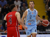 Kevin Pangos of Napoli plays during the Italy Basket Serie A match between Napoli Basket and Pallacanestro Trieste at Fruit Village Arena in...