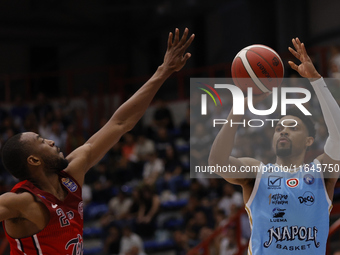 Zach Copeland of Napoli and Markel Brown of Trieste are in action during the Italy Basket Serie A match between Napoli Basket and Pallacanes...