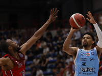 Zach Copeland of Napoli and Markel Brown of Trieste are in action during the Italy Basket Serie A match between Napoli Basket and Pallacanes...