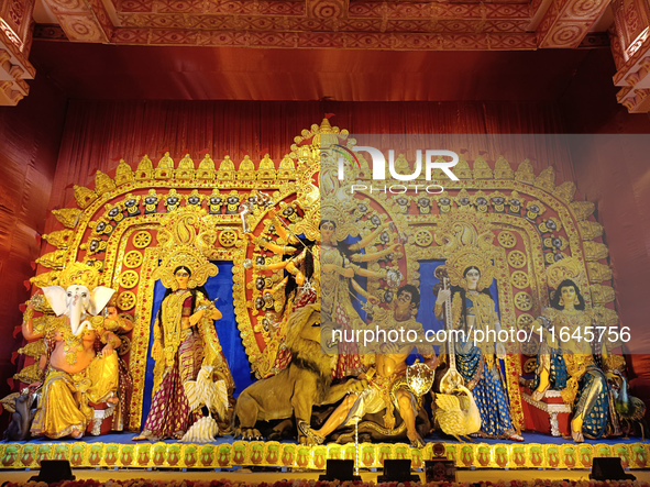 An idol of Durga is seen at a pandal during the Durga Puja festival in Kolkata, India, on October 7, 2024. 