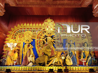 An idol of Durga is seen at a pandal during the Durga Puja festival in Kolkata, India, on October 7, 2024. (