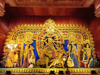 An idol of Durga is seen at a pandal during the Durga Puja festival in Kolkata, India, on October 7, 2024. (