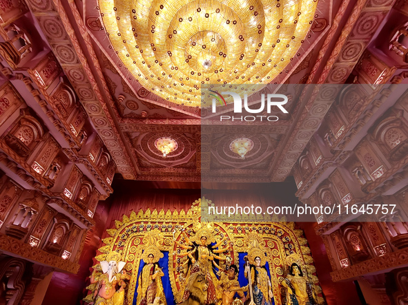 An idol of Durga is seen at a pandal during the Durga Puja festival in Kolkata, India, on October 7, 2024. 