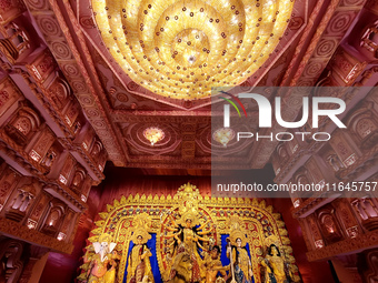 An idol of Durga is seen at a pandal during the Durga Puja festival in Kolkata, India, on October 7, 2024. (