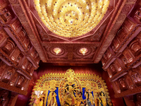 An idol of Durga is seen at a pandal during the Durga Puja festival in Kolkata, India, on October 7, 2024. (