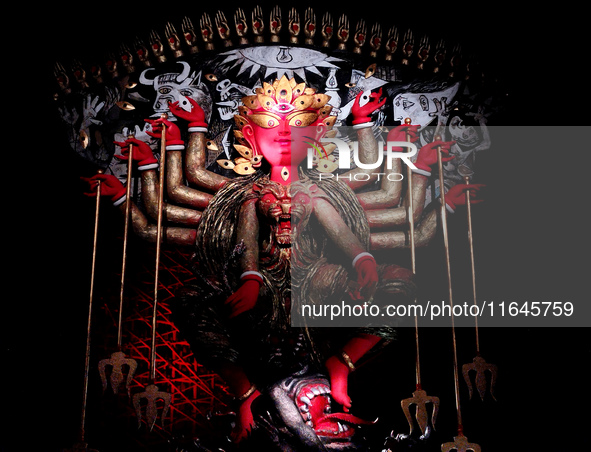 An idol of Durga is seen at a pandal during the Durga Puja festival in Kolkata, India, on October 6, 2024. 