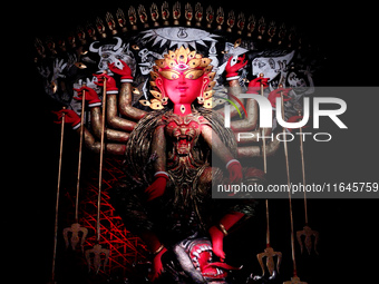 An idol of Durga is seen at a pandal during the Durga Puja festival in Kolkata, India, on October 6, 2024. (