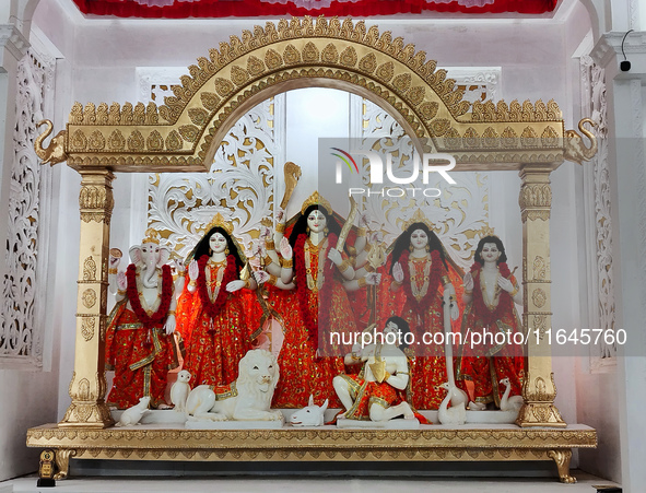 An idol of Durga is seen at a pandal during the Durga Puja festival in Kolkata, India, on October 7, 2024. 