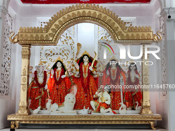 An idol of Durga is seen at a pandal during the Durga Puja festival in Kolkata, India, on October 7, 2024. (