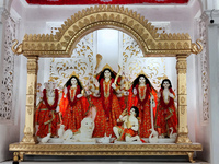 An idol of Durga is seen at a pandal during the Durga Puja festival in Kolkata, India, on October 7, 2024. (