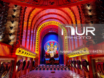 An idol of Durga is seen at a pandal during the Durga Puja festival in Kolkata, India, on October 7, 2024. (