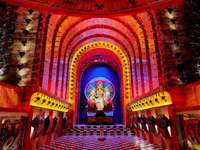 An idol of Durga is seen at a pandal during the Durga Puja festival in Kolkata, India, on October 7, 2024. (