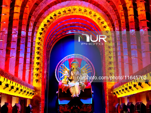 An idol of Durga is seen at a pandal during the Durga Puja festival in Kolkata, India, on October 7, 2024. 