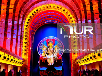 An idol of Durga is seen at a pandal during the Durga Puja festival in Kolkata, India, on October 7, 2024. (