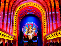 An idol of Durga is seen at a pandal during the Durga Puja festival in Kolkata, India, on October 7, 2024. (