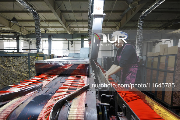 A worker produces pencils at the production workshop of China First Pencil Sihong Co., LTD in Sihong Economic Development Zone in Suqian, Ji...