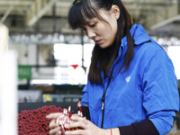 A worker produces pencils at the production workshop of China First Pencil Sihong Co., LTD in Sihong Economic Development Zone in Suqian, Ji...