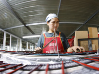 A worker produces pencils at the production workshop of China First Pencil Sihong Co., LTD in Sihong Economic Development Zone in Suqian, Ji...