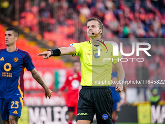 Federico La Penna (Referee) officiates the Italian championship Serie A football match between AC Monza and AS Roma at U-Power Stadium in Mo...