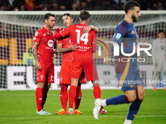 Dany Mota (AC Monza) celebrates the goal with Daniel Maldini (AC Monza) and Pedro Pereira (AC Monza) during the Italian championship Serie A...